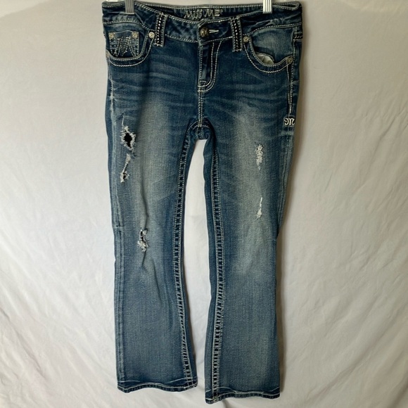 Miss Me: Tulip Color (X1019ER) Distressed Blue Jeans- Easy Boot- 28 - Picture 1 of 16
